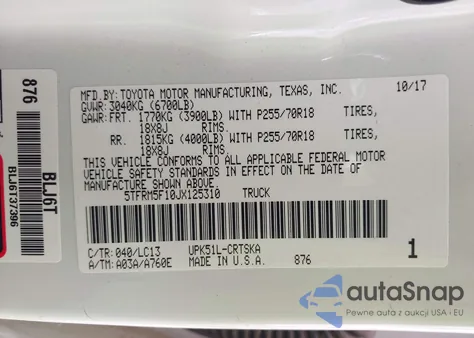 2018 Toyota Tundra Sr 4.6L V8 z USA, uszkodzony, nr VIN 5TFRM5F10JX125310